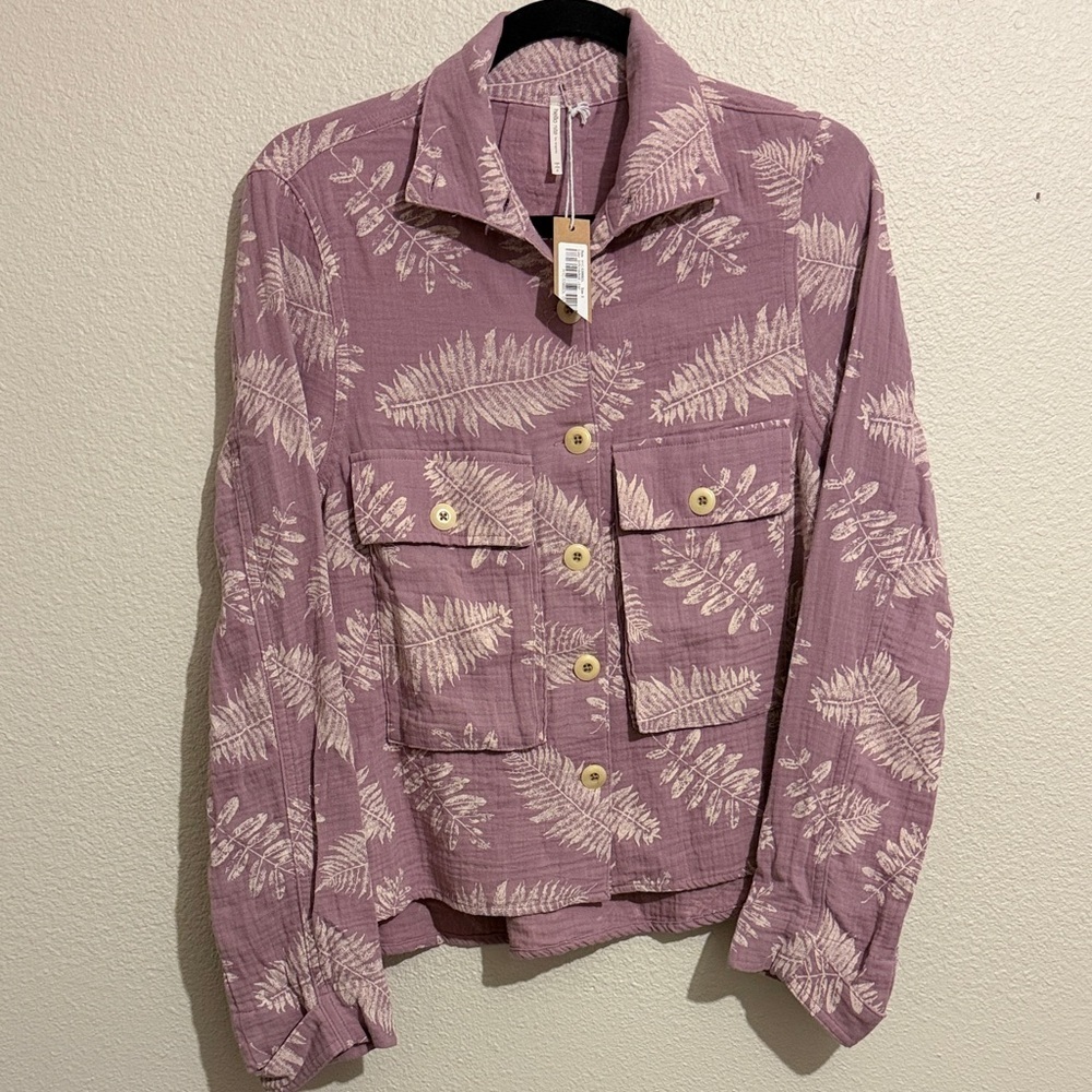 Hello Nite Women's Purple Leaf Print Button Up Long Sleeve Relaxed Fit